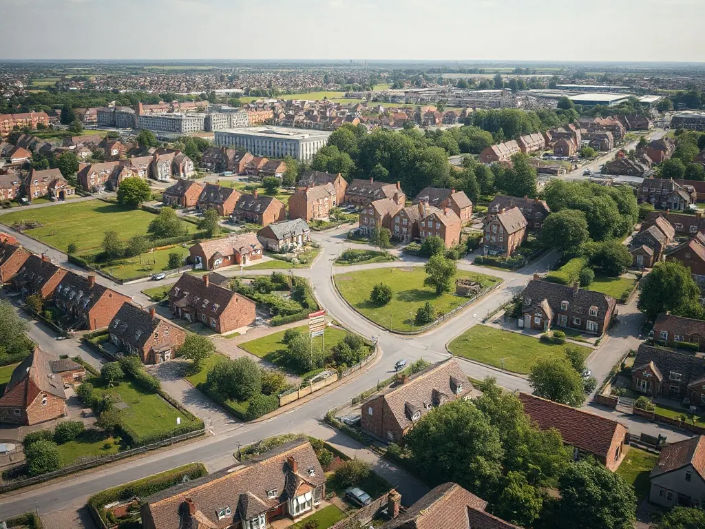 An elevated view across a site relevant to garden city plot layout near Gravesend